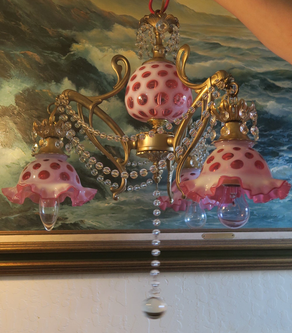 Fenton Opalescent Coin Dot Art Glass Lamp Vintage Brass