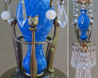 A Cat Ceiling mount Lamp Chandelier Blue Glass Brass Silver Crystal prisms Opaline Beads garlands Deco Era Inspired canopy chain