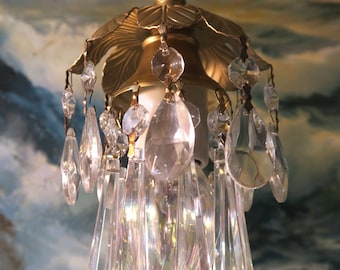 Mini SWAG plugin Lamp Chandelier Crystal Prism Brass Tole small pendant flower leaf with 9 foot electrical cord switch plug