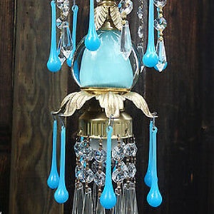 1 Opaline Prism Vintage Icy Blue Turquoise Tole Brass Hanging Lamp Chandelier