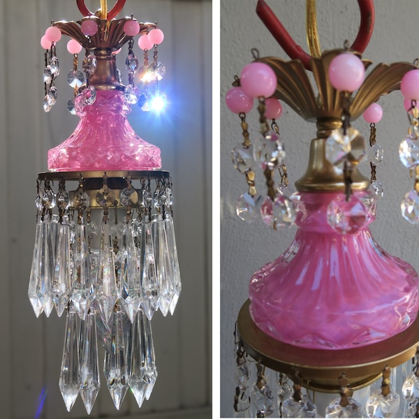 Lamp Ceiling chandelier Vintage Rose pink lady cupcake glass crystal Brass canopy chain opaline beads