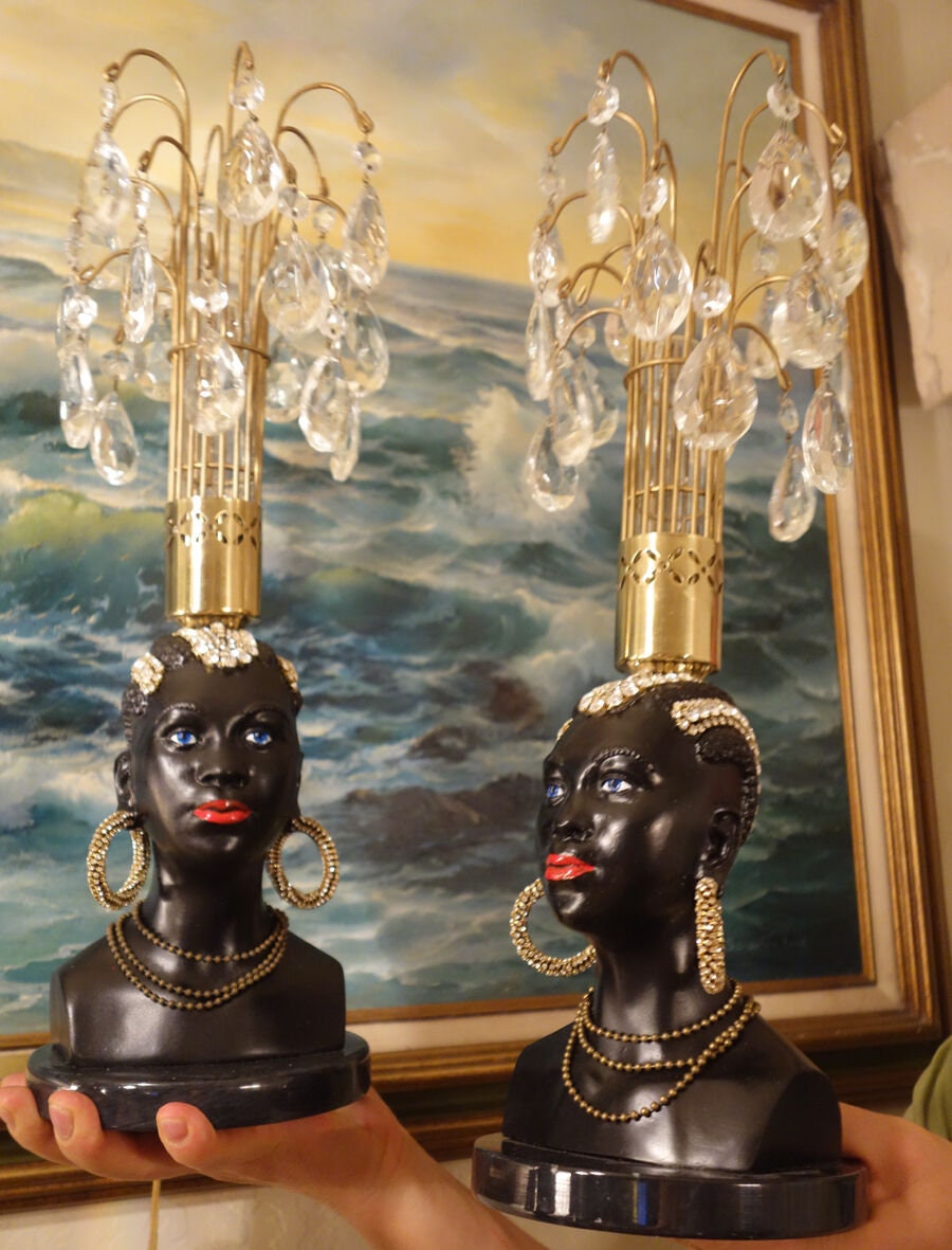2 Vintage Jeweled Art Deco Crystal African Blackamoor Lamp 2 Vintage Jeweled Art Deco Crystal African Blackamoor Lamp