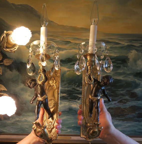 Pr Blackamoor Vintage Gilt Bronze Italy Cherub Sconces Lamp