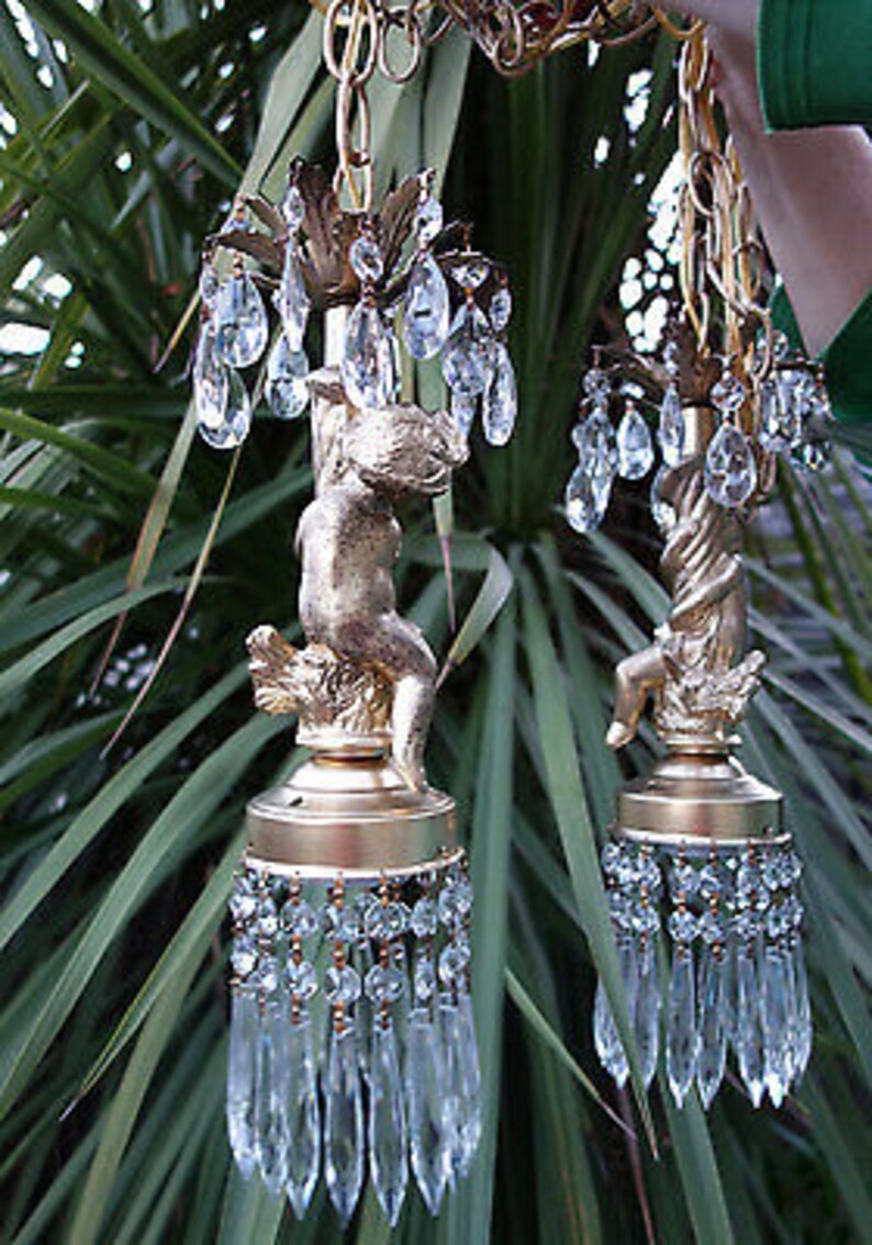 Retro Cherub Ceiling Double Swag Lamp Chandelier French Stl Etsy