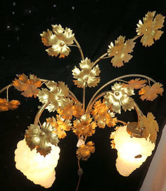 Pr Vintage Murano Opaline Grape Vine Glass Tole Sconce Lamp Italy
