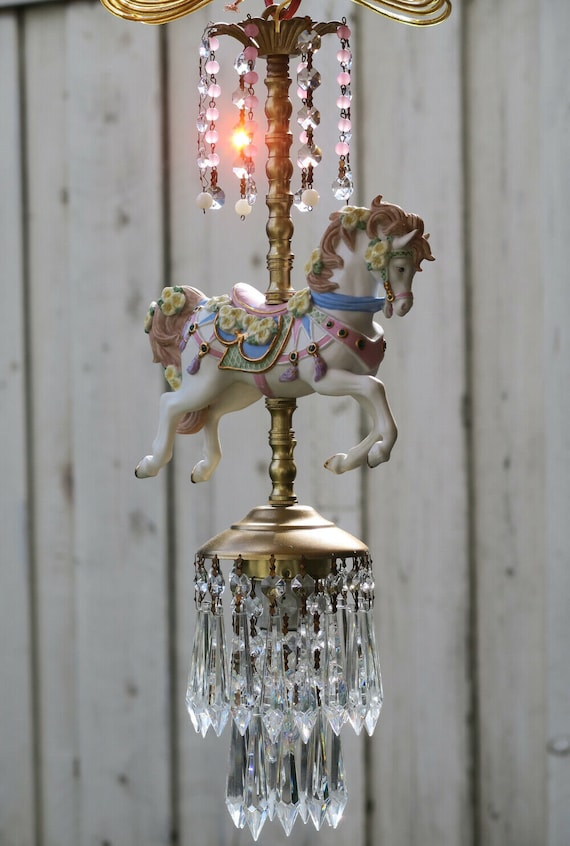 Porcelain Horse Carousel Lamp Swag Chandelier Vintage Spring