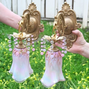 Pair Fenton lamp Vintage Sconce Brass bronze Pink Lily Valley Fairy art glass shade Enchanting w 8&#39; plugin cords