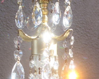 Closet Light Lily mini blossom flower Swag plugin Lamp Chandelier Crystal Prism Brass Tole Spelter