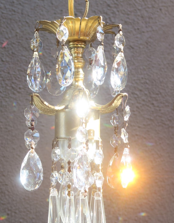 Closet Light Lily Mini Blossom Flower Swag Plugin Lamp Chandelier Crystal Prism Brass Tole Spelter Etsy