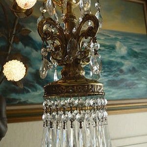 Vintage Rococo Spelter Brass ceiling fixture w canopy set Lamp Crystal Prism Chandelier Lighting