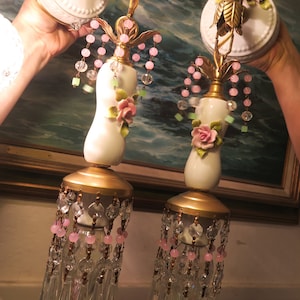 Pair Sconces Lamp Pink puffy relief Barbola Rose Vintage Porcelain Beaded Brass Tole opaline beads strands