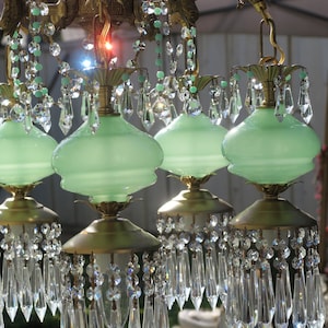 5Lt Vintage Serpent Fish Brass Bronze Opaline Jade Murano Glass Chandelier Lamp bead garlands Unique!