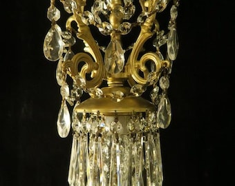 Lamp Chandelier Vintage Spelter Rococo Brass Crystal Room Decor Lite Swag Plugin fixture 9 foot cord