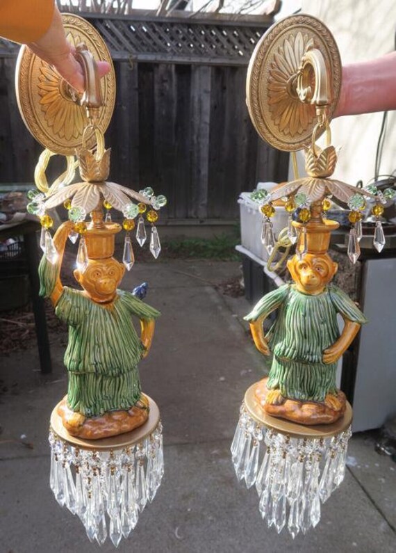 2 Sconces Brass Vintage Lamp Porcelain Monkey Bird