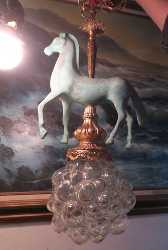 Horse Barn Chandelier Swag Lamp Glass Brass Spelte