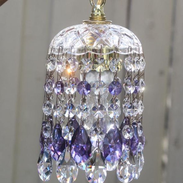 Amethyst Purple Prism Swag Jelly Fish Vintage Lamp Chandelier Brass Crystal Gold