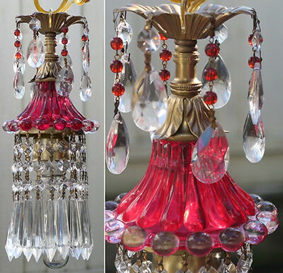 Lamp Chandelier Bubble Depression Ruby Glass Vintage Swag Brass