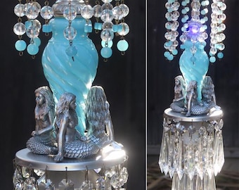 Lamp Chandelier Mermaid ceiling mount Blue Glass Brass Silver Crystal Beads Sea Seascape whimsical