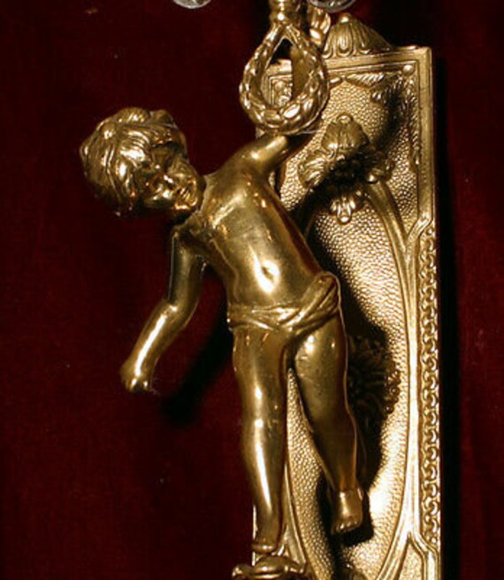 A Pair Vintage torch cherub wall sconces lamps crystal gilt brass bronze candles