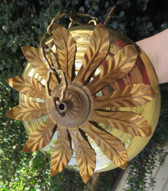 8" Vintage Leaf Tole Brass Canopy Lamp Chandelier… - image 7