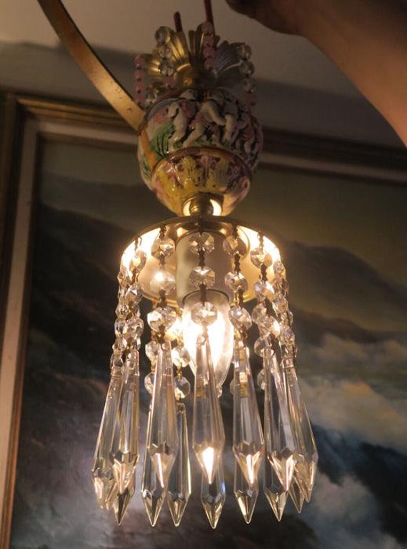1 Vintage Brass Tole Swag Crystal Lamp Chandelier… - image 6