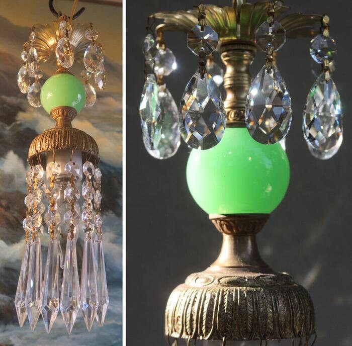 1 Brass Swag Plugin Pendant Lamp Crystal Prisms Jadeite Jade Green Glass Ball