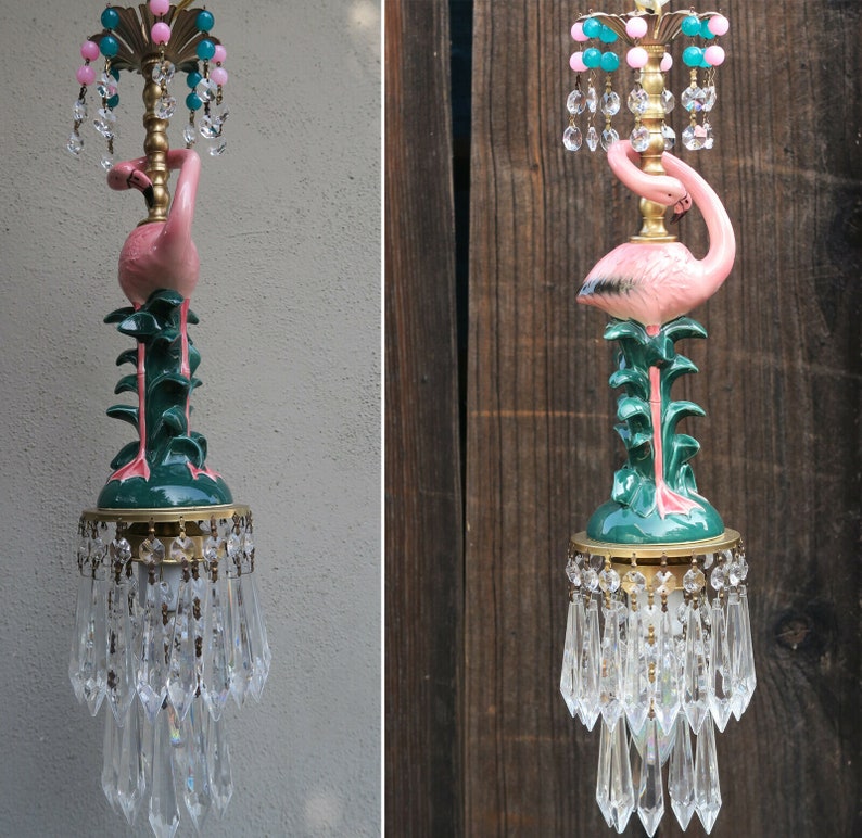 Pink Flamingo Bird Swag Lamp Chandelier Glass Crystal Brass Etsy