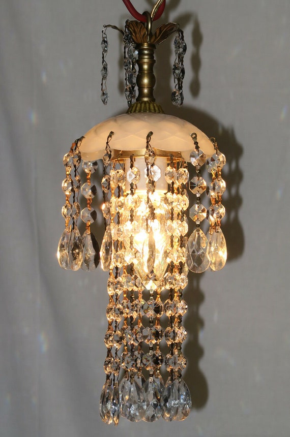 Opaline Aqua glass SWAG hanging Jelly Fish insp vintage Lamp brass crystal 
