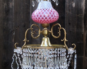 Vintage Coin Dot Fenton Cranberry Glass Bronze Brass Lamp Crystal