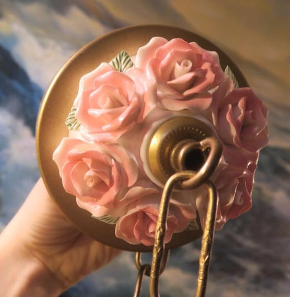 Brass Canopy Part Vintage Pink Rose Capodimonte Porcelain Lamp Chandelier Flower