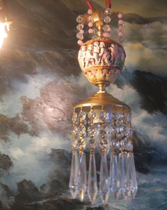 1 Vintage Brass Tole Swag Crystal Lamp Chandelier… - image 3
