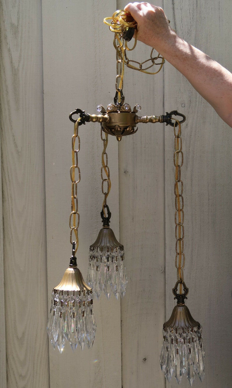3lite Vintage Swag Lamp Chandelier Tole Brass Deco Insp Forest Etsy