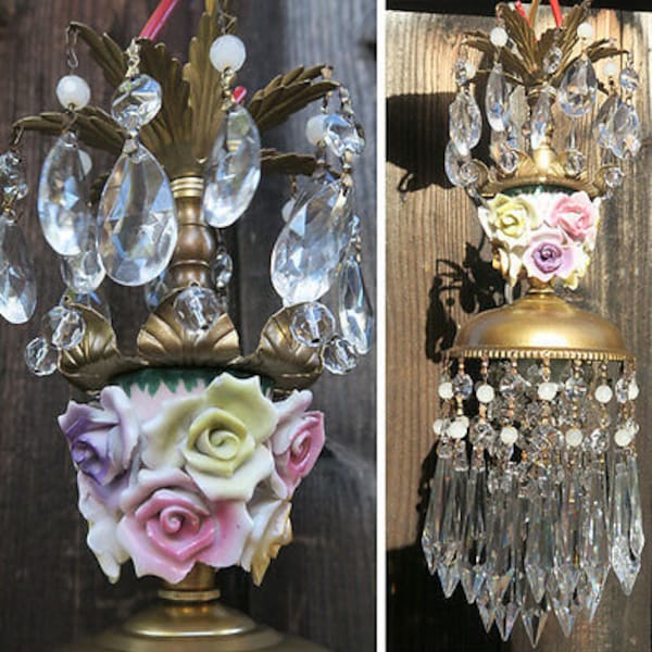Porcelain Rose Brass Tole Chandelier Swag Vintage Lamp Crystal Beaded Purple lemon pink