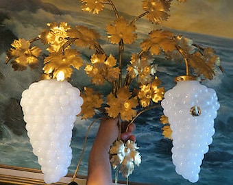 Pr Vintage Murano Opaline Grape Vine Glass Tole Sconce Lamp Italy