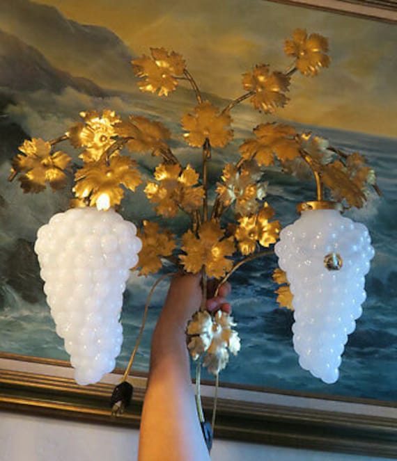 Pr Vintage Murano Opaline Grape Vine Glass Tole Sconce Lamp Italy