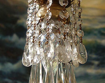 1 Small Lamp Pendant Mini Chandelier Crystal Prism Brass Spelter Vintage Vanity Lite 20&quot; long cord