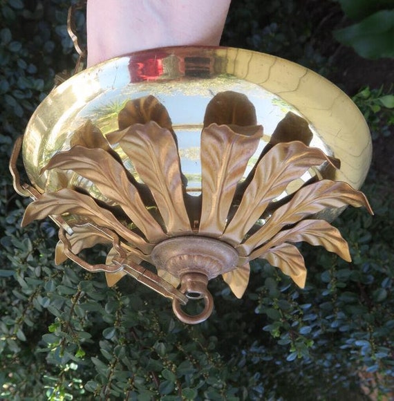 8" Vintage Leaf Tole Brass Canopy Lamp Chandelier… - image 5