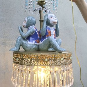 Vintage Chandelier lamp Jade Monkey Porcelain Brass Palm Opaline Beads garlands crystal carousel bead strands