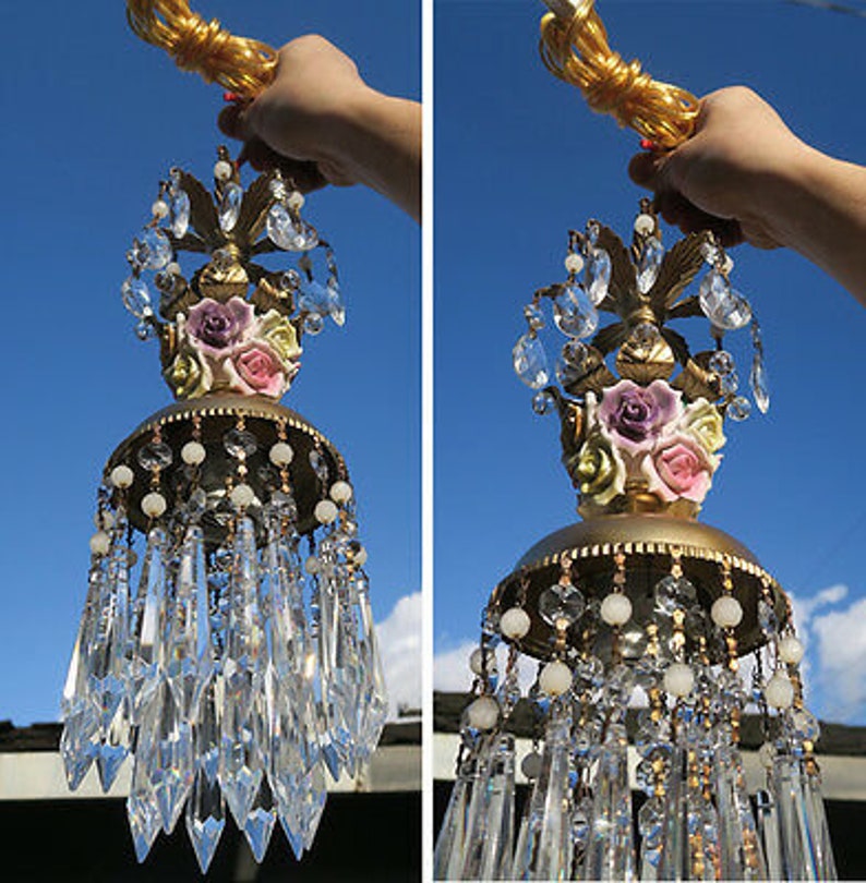 Porcelain Rose Brass Tole Chandelier Swag Vintage Lamp Crystal Etsy