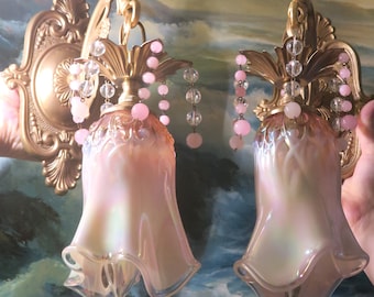 Pair Vintage Sconce Brass bronze lamp Pink Lily Valley Fairy Fenton art glass shade Enchanting Magical forest