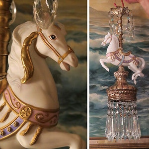 1 White Gilt Porcelain Horse Carousel Lamp Brass Ceiling Chandelier Vintage