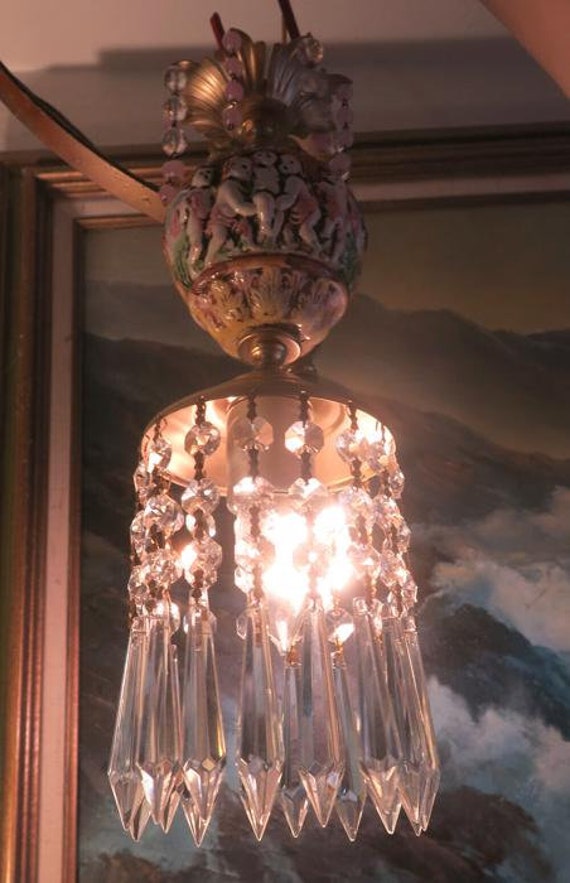 1 Vintage Brass Tole Swag Crystal Lamp Chandelier… - image 8