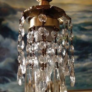 Mini closet corner room Lamp Chandelier Crystal Prism Brass Tole small pendant flower leaf with 30" long electrical cord NO canopy
