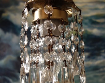 Mini closet corner room Lamp Chandelier Crystal Prism Brass Tole small pendant flower leaf with 30&quot; long electrical cord NO canopy