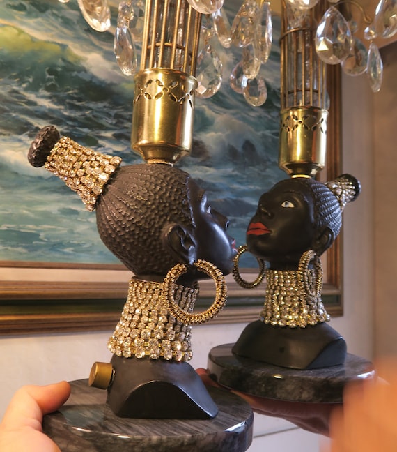 2 Vintage Jeweled Art Deco NUBIAN African Queen Blackamoor Lamp