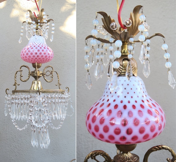 Vintage Coin Dot Fenton Cranberry Glass Bronze Brass Lamp Crystal