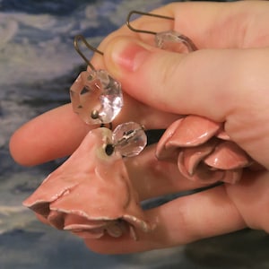 2 Prism Porcelain Pink Rose Chandelier lamp Capodimonte part Vintage crystal beaded glass