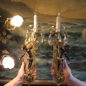 Pr Blackamoor Vintage Gilt Bronze Italy Cherub Sconces Lamp Crystal Brass Italy