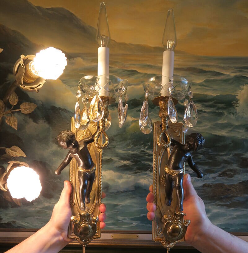 Pr Blackamoor Vintage Gilt Bronze Italy Cherub Sconces Lamp