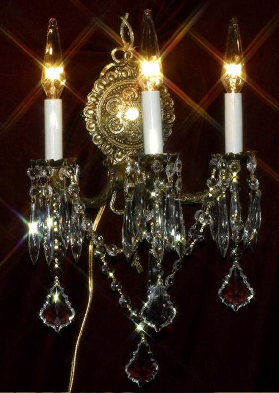 2 Vintage Gilt Bronze Brass Crystal Lamps Bow Sco… - image 4